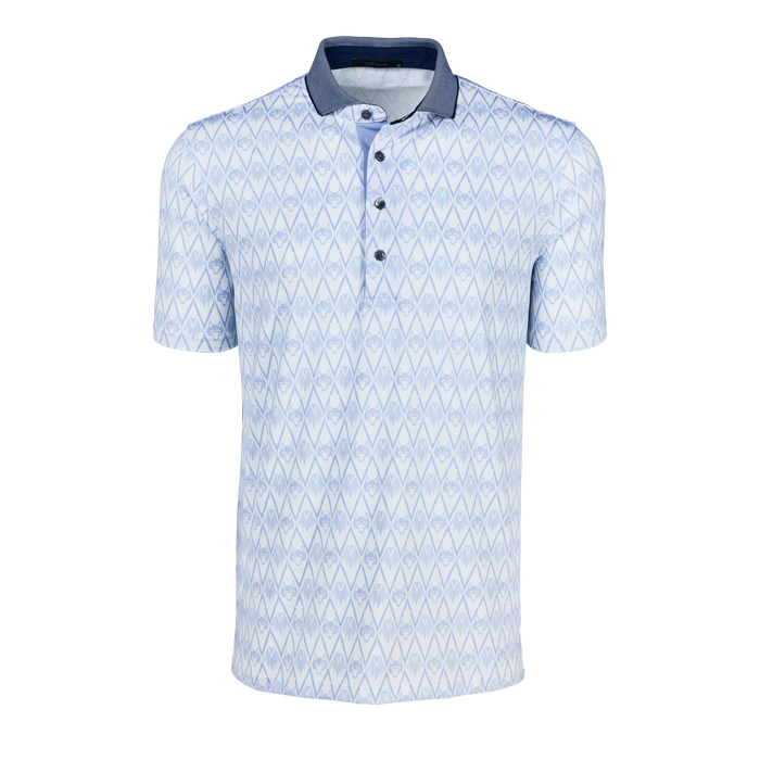 Heron Onota Short Sleeve Polo - Front View, Tonal Wolf Diamond Print, Navy Contrast Cutaway Collar | Greyson Clothiers