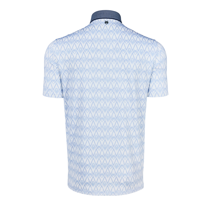 Heron Onota Short Sleeve Polo - Back View, Wolf Motif Diamond Pattern, Navy Contrast Collar, Wolf Logo at Nape | Greyson Clothiers