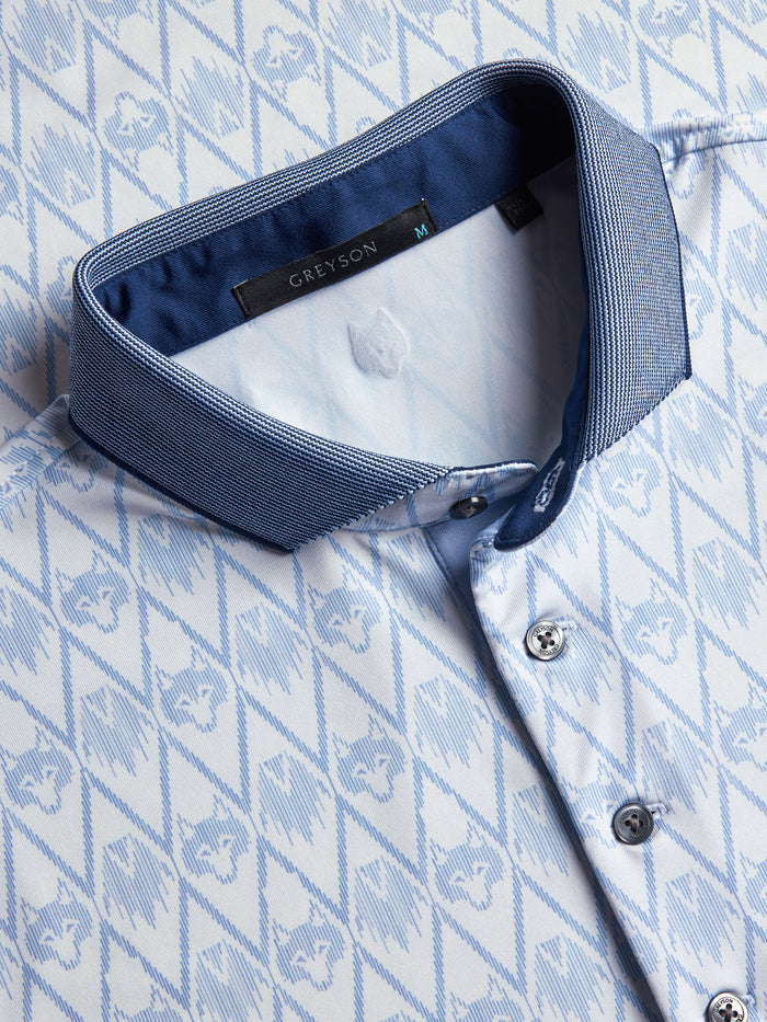 Onota Polo Navy Knit Cutaway Collar Close-Up - Greyson Label, Branded Buttons, Performance Placket | Greyson Clothiers