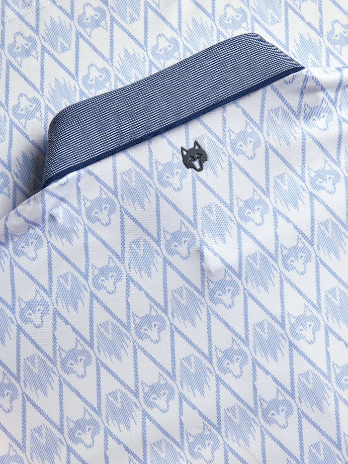 Onota Polo Wolf Head Logo Detail - Signature Wolf Emblem Below Navy Contrast Knit Cutaway Collar | Greyson Clothiers