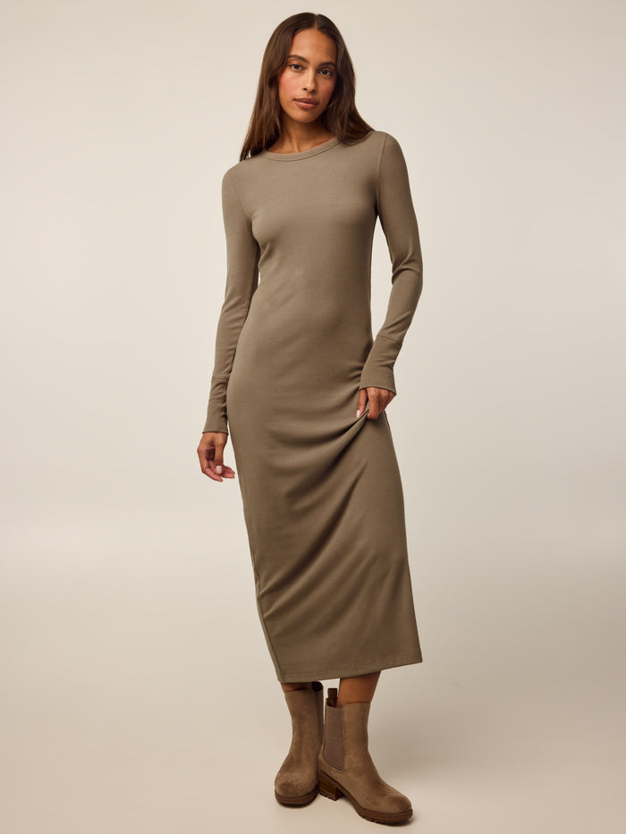 Olive Camp Modal Orion Long Sleeve Maxi Dress - Full Length Front View On Model | Greyson Clothiers