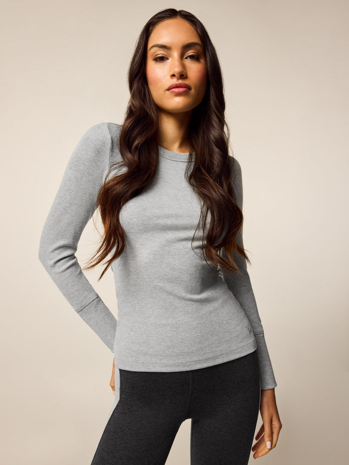 Light Grey Heather Orion Long Sleeve Tee - Front View, Slim Fit Modal Rib Knit | Greyson Clothiers