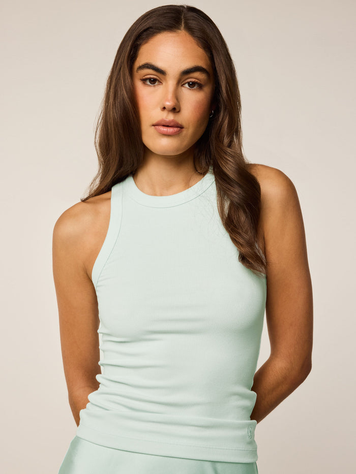 Mineral Mist Rib Knit Orion Tank Top - Front View On Model | Greyson Clothiers