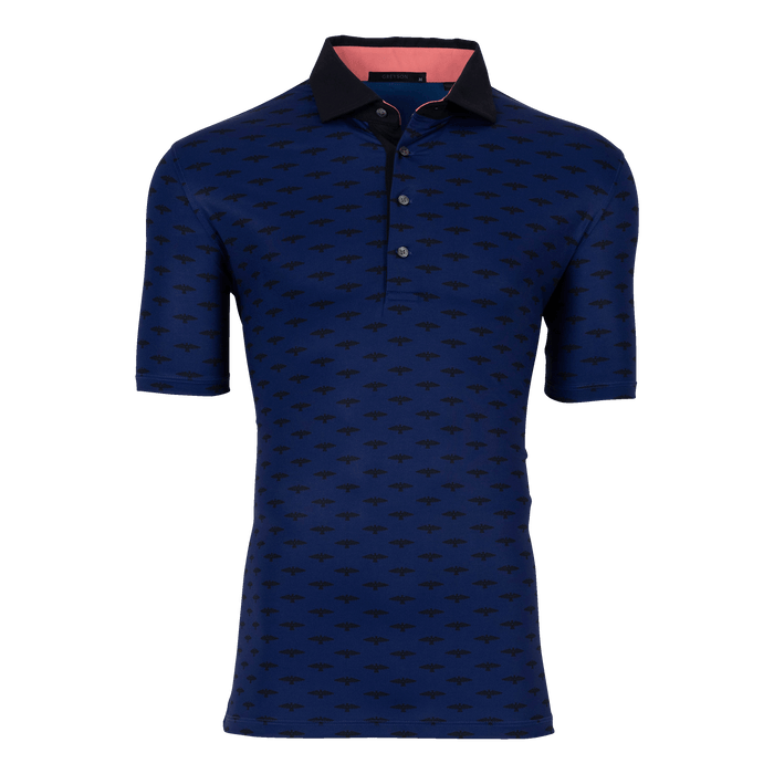 Greyson Clothiers Osprey Polo in Iona - Front View, Navy Eagle Motif with Contrast Collar