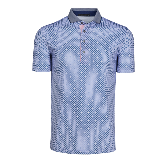 Arctic Pack Mentality Short Sleeve Polo - Cross Print, Pink Placket, Front View | Greyson Clothiers