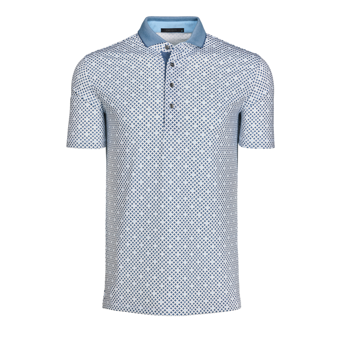 Jellyfish Pack Mentality Short Sleeve Polo - Cross Print, Contrast Collar, Front View | Greyson Clothiers