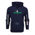 Maltese Blue Paddling Wolf Fireside Hoodie Front View, canoe graphic & sleeve logo | Greyson Clothiers