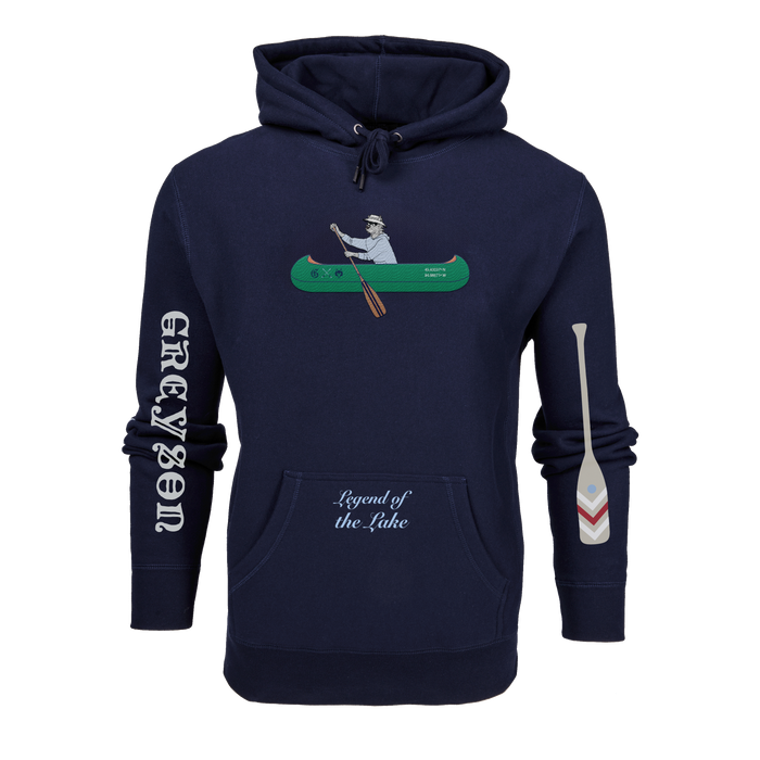 Maltese Blue Paddling Wolf Fireside Hoodie Front View, canoe graphic & sleeve logo | Greyson Clothiers