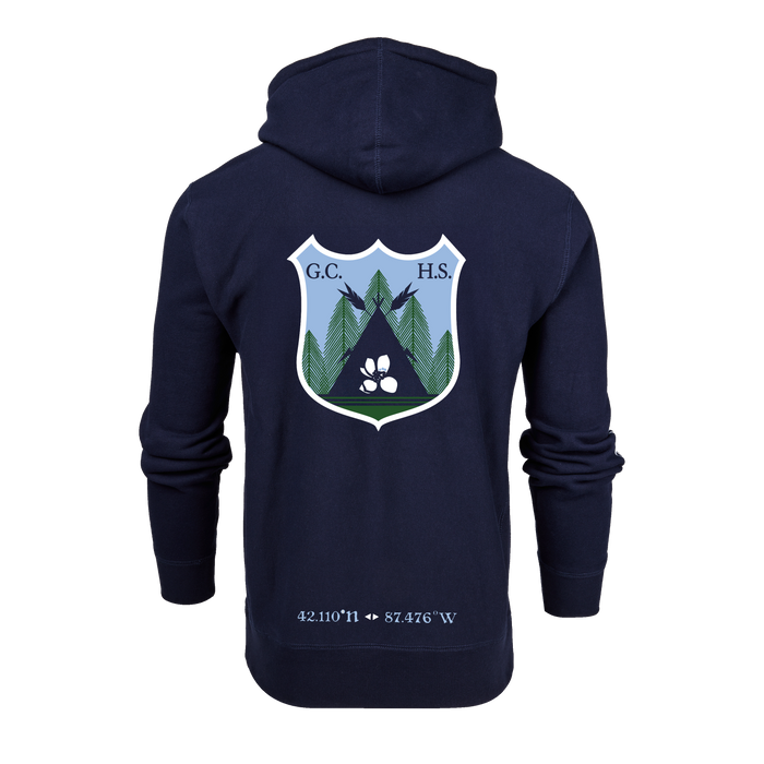 Maltese Blue Paddling Wolf Fireside Hoodie Back View, forest crest graphic detail | Greyson Clothiers