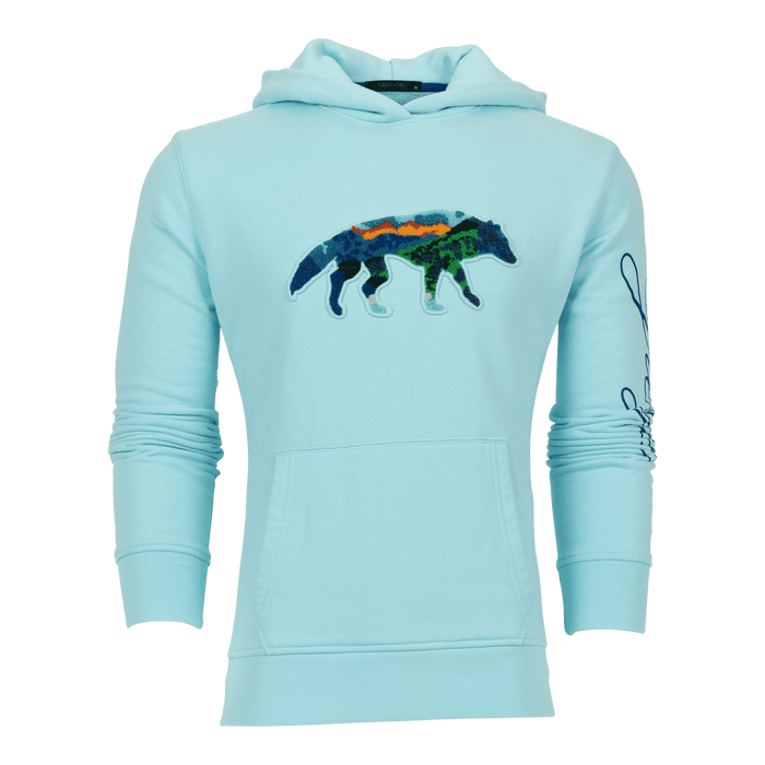 Cattail Painted Mountain Stalking Wolf Aspen Hoodie - Front View, Chenille Wolf Patch & Sleeve Script | Greyson Clothiers