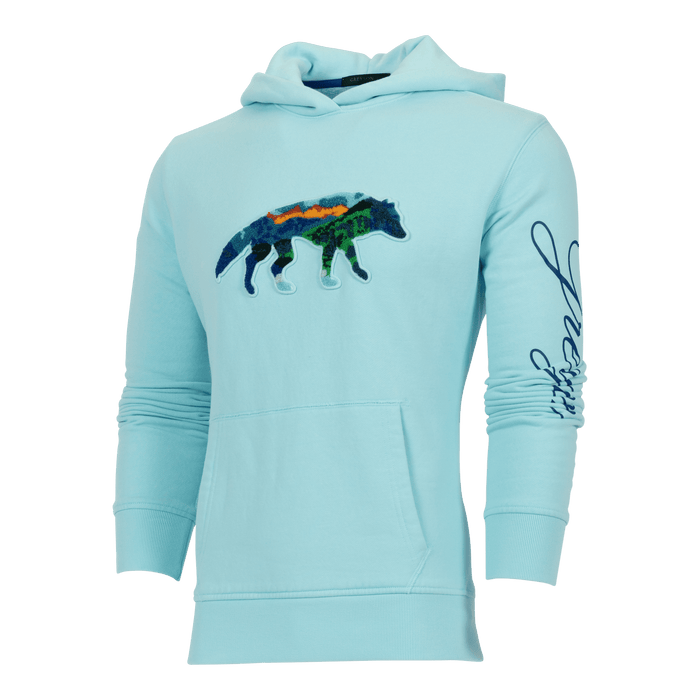 Cattail Painted Mountain Stalking Wolf Aspen Hoodie - Three-Quarter View, Pima Cotton Wolf Patch & Greyson Sleeve Script | Greyson Clothiers