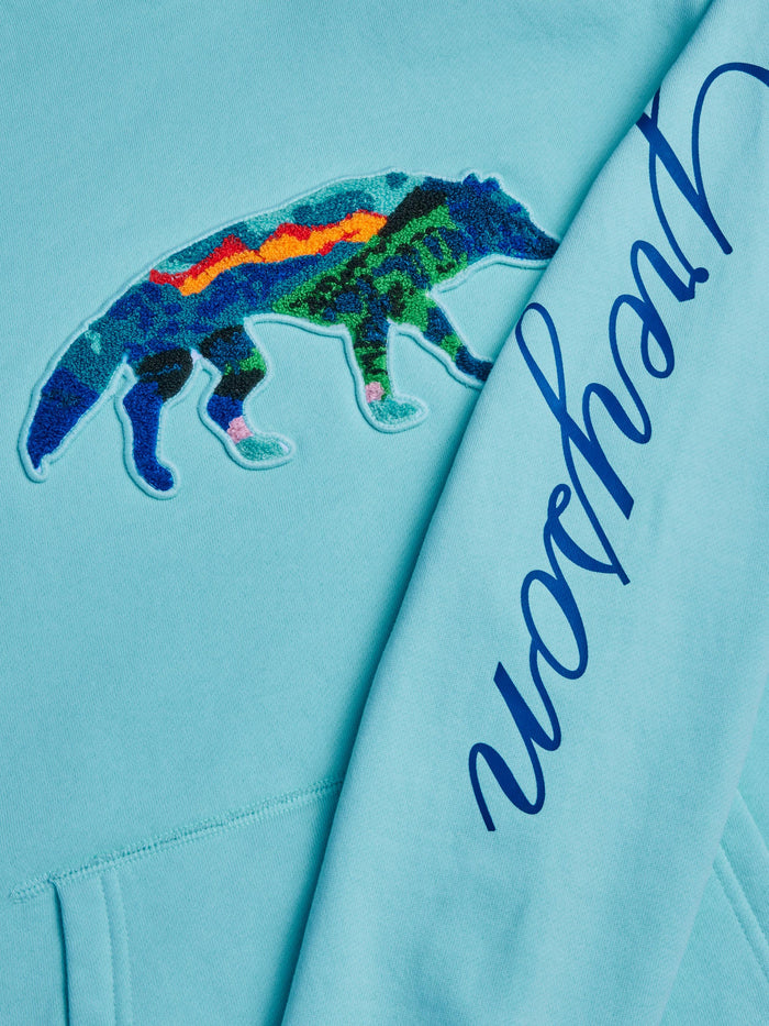 Painted Mountain Wolf Chenille Patch & Greyson Script Sleeve Close-Up - Mountain Landscape Detail | Greyson Clothiers