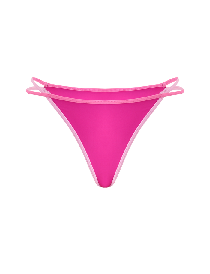 TIGERMIST PALMER BIKINI BOTTOM - BERRY: Bright pink cheeky fit with double thin side straps, sporty number 22 print, and light pink trim, shown on a plain white background.