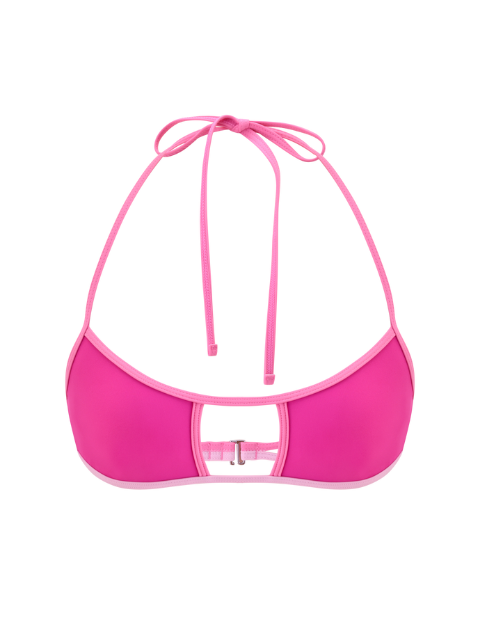 The TIGERMIST PALMER BIKINI TOP - BERRY is a vibrant pink two-tone halter bikini top with light pink trim, an adjustable neck tie, cut-out detail, and a metal clasp center front. Shown against a plain white background.