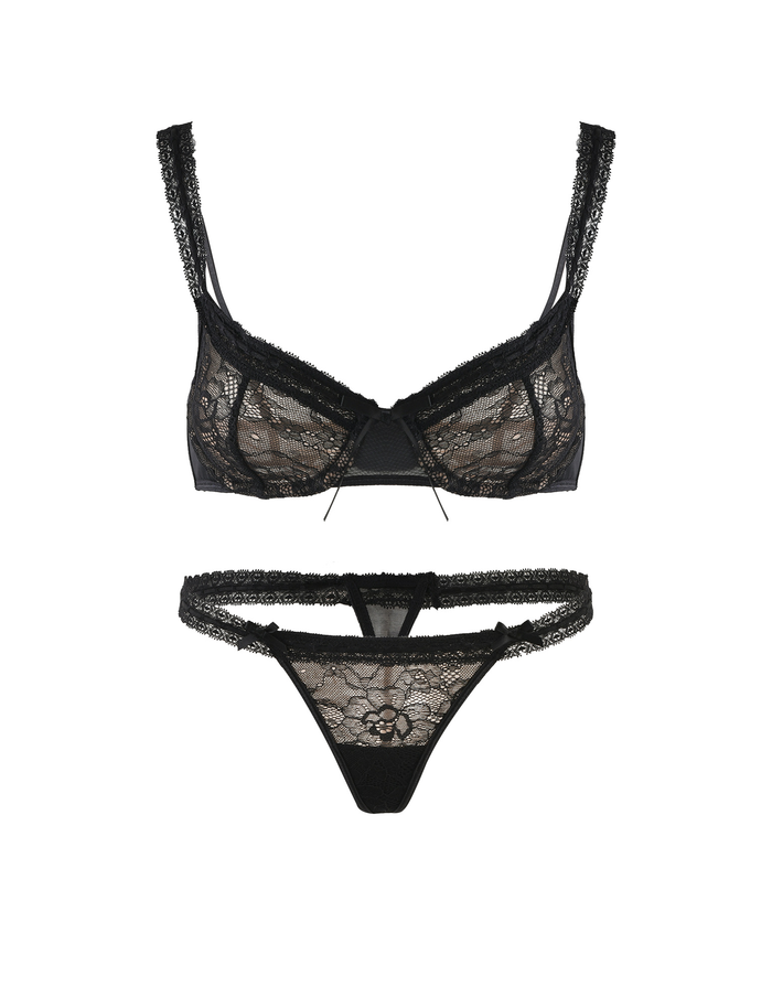 The TIGERMIST PANDORA SET - BLACK is a matching black lace lingerie set with sheer cups, adjustable straps, and a lace thong with strappy sides, shown on a white background.