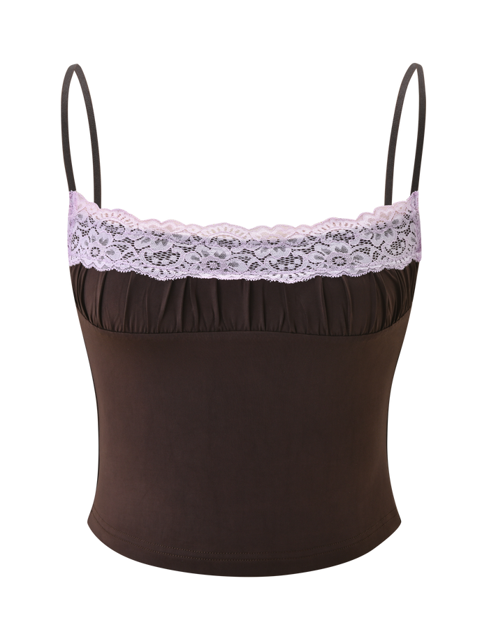 The PARISA LACE RUCHED CAMI by TIGERMIST features a brown design with adjustable straps and lilac lace trim along the neckline, shown against a plain white background.