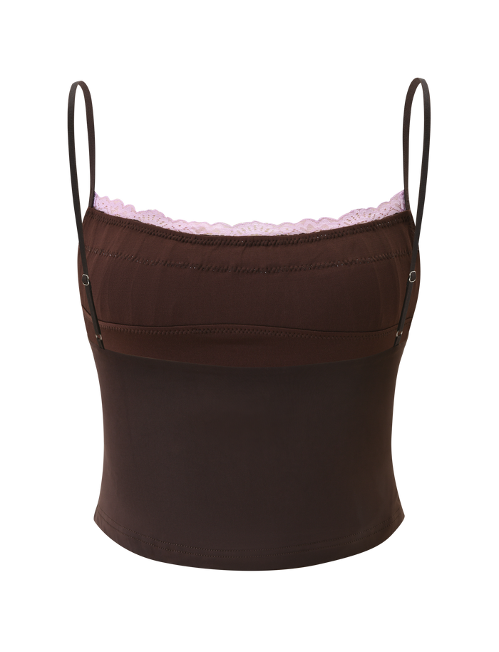 The TIGERMIST PARISA LACE RUCHED CAMI in brown and lilac features thin adjustable straps and light pink lace along the neckline, shown against a plain white background.