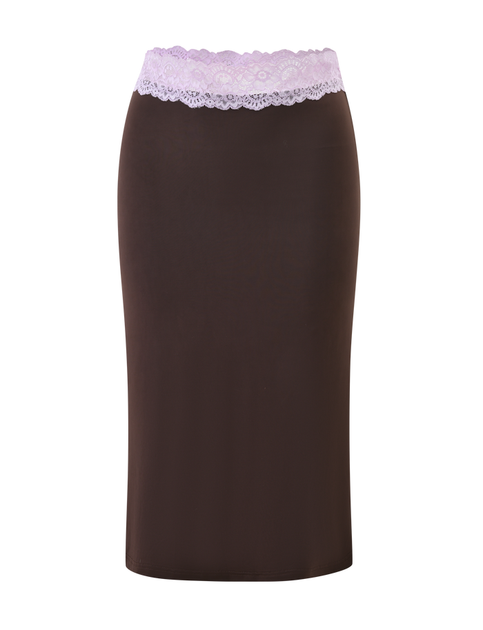 The TIGERMIST PARISA LACE TRIM MIDI SKIRT in brown features a fitted silhouette, mid-rise waist, and wide lilac lace trim at the waistband, shown against a plain white background.