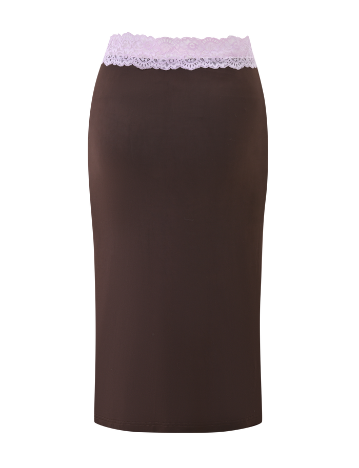 The PARISA LACE TRIM MIDI SKIRT by TIGERMIST features a brown design with lilac scalloped lace at the mid-rise waist, shown against a plain white background.