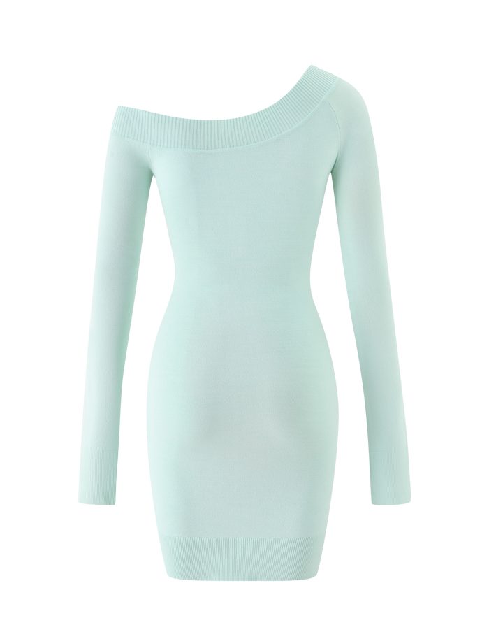 Mint green, long-sleeve PARKER KNIT DRESS by TIGERMIST featuring an off-shoulder design and fitted silhouette, displayed on a plain white background.