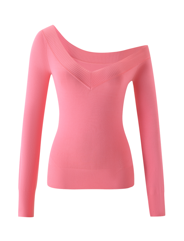 The TIGERMIST PARKER KNIT TOP in coral is a pink, long-sleeve, off-the-shoulder knit featuring ribbed cuffs and hem with a flattering bodycon fit, shown against a plain white background.