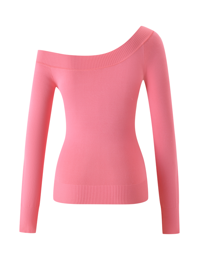 The TIGERMIST PARKER KNIT TOP in coral is a long-sleeve, off-the-shoulder sweater featuring ribbed cuffs and hem with a flattering bodycon fit, shown against a plain white background.