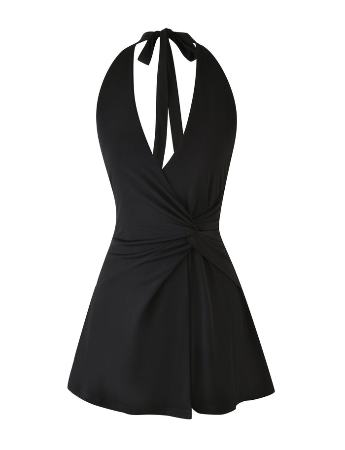 The Black Parris Mini Dress by TIGERMIST features a halter neckline with a wrap-around design and showcases a flared skirt-style bottom. It includes a deep V-neckline and a tie closure at the back of the neck for an elegantly simple look.