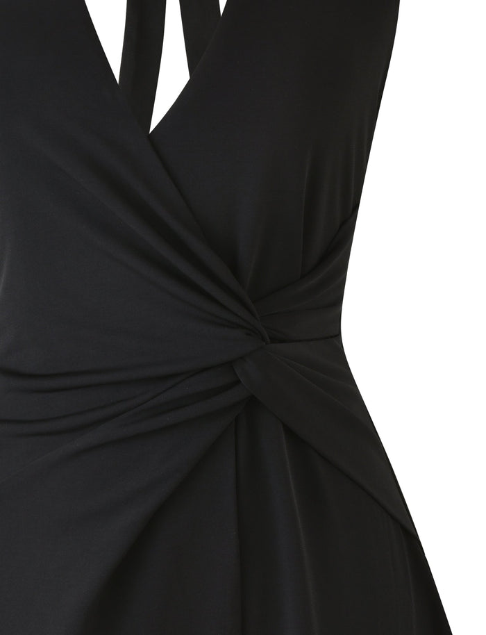 Close-up of the TIGERMIST Parris Mini Dress in black, showcasing a fixed wrap design with a deep V-neckline and a twisted knot detail at the waist for elegant draping.