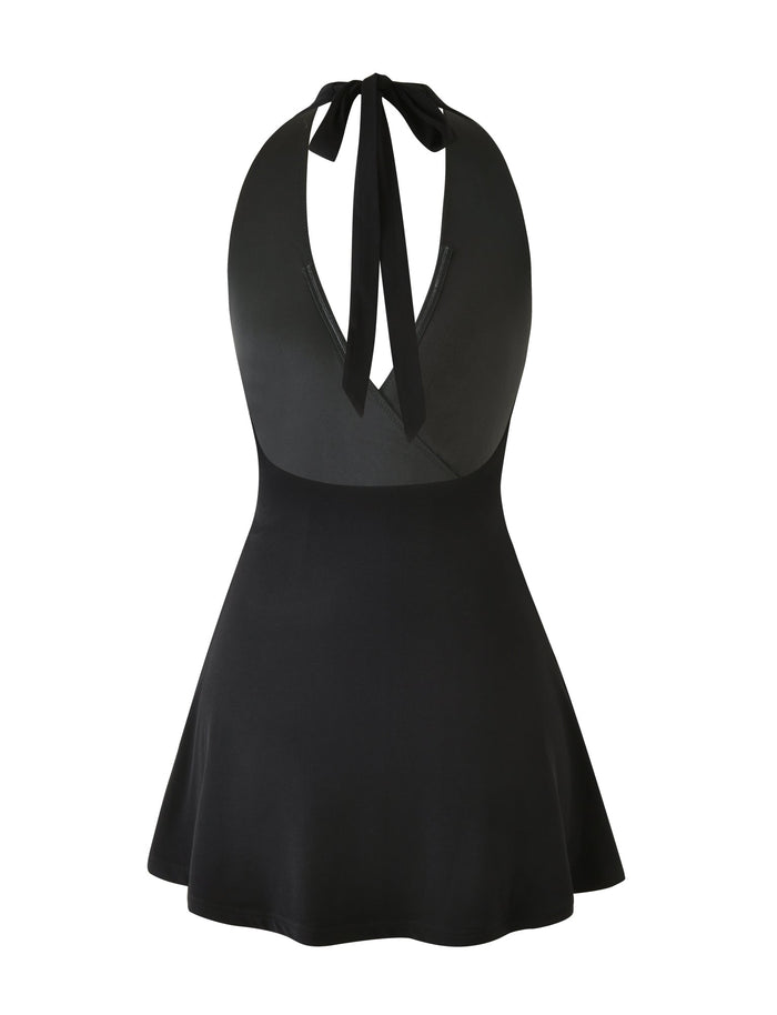 The PARRIS MINI DRESS - BLACK by TIGERMIST is a stunning black sleeveless halter neck mini dress with a flared skirt. It features a tie at the back of the neck and a fitted waist, while its smooth and slightly shiny material adds an elegant touch to this chic ensemble.