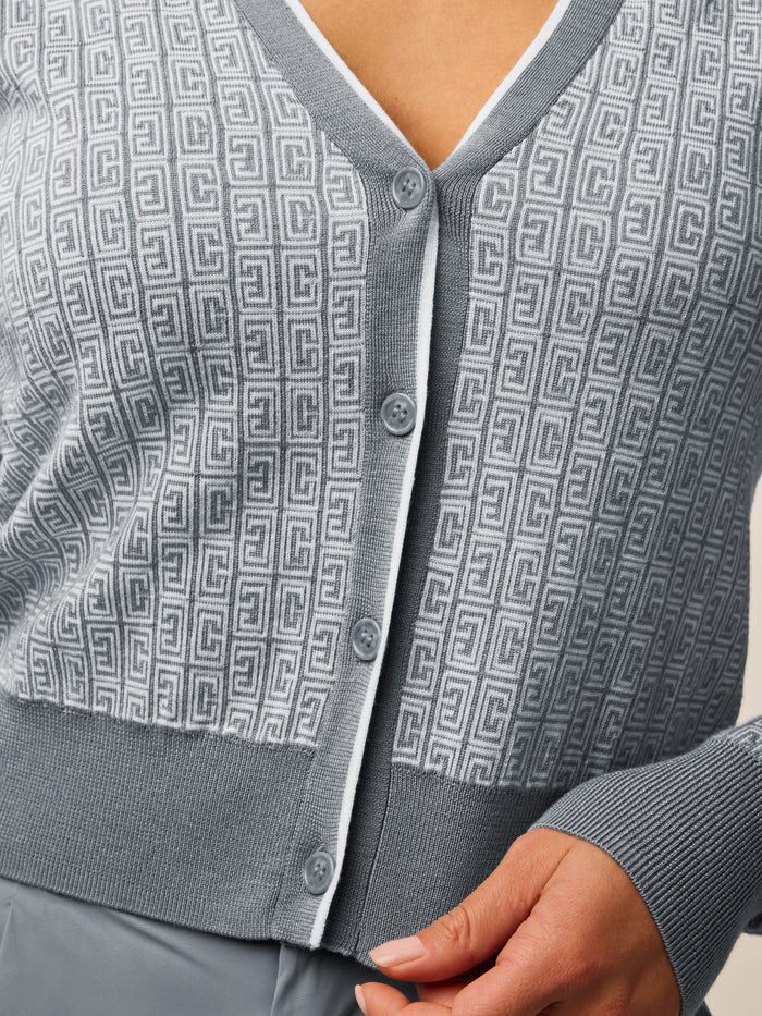 Bluestone Pathfinder Merino Cardigan - Button Placket & Jacquard Print Close-Up | Greyson Clothiers