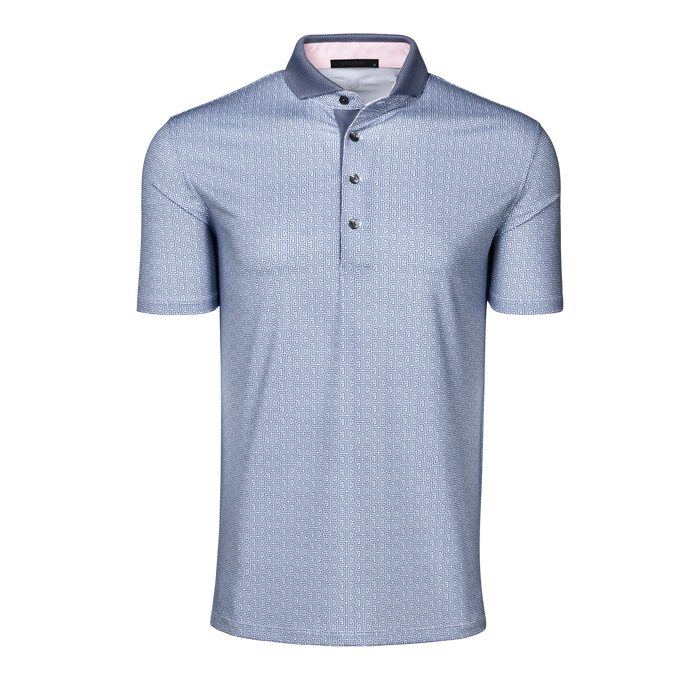 Wolf Blue Pathfinder Greek Key Print Performance Golf Polo - Front View | Greyson Clothiers
