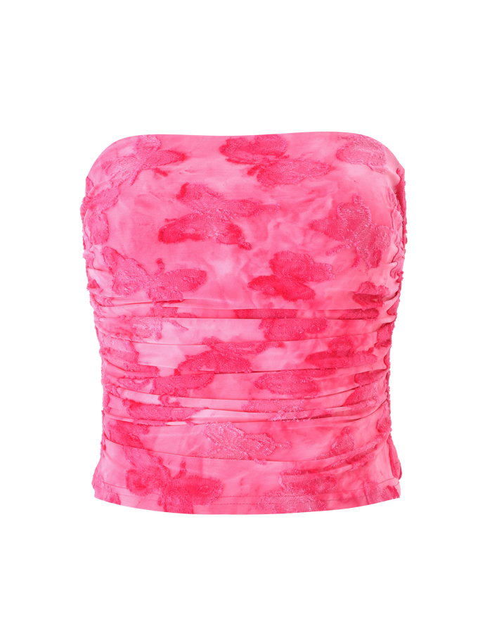 The PATRIZIA TOP - PINK BUTTERFLY by TIGERMIST is a pink strapless bandeau with a floral butterfly pattern, ruched detailing, and a fitted silhouette, shown against a white background.