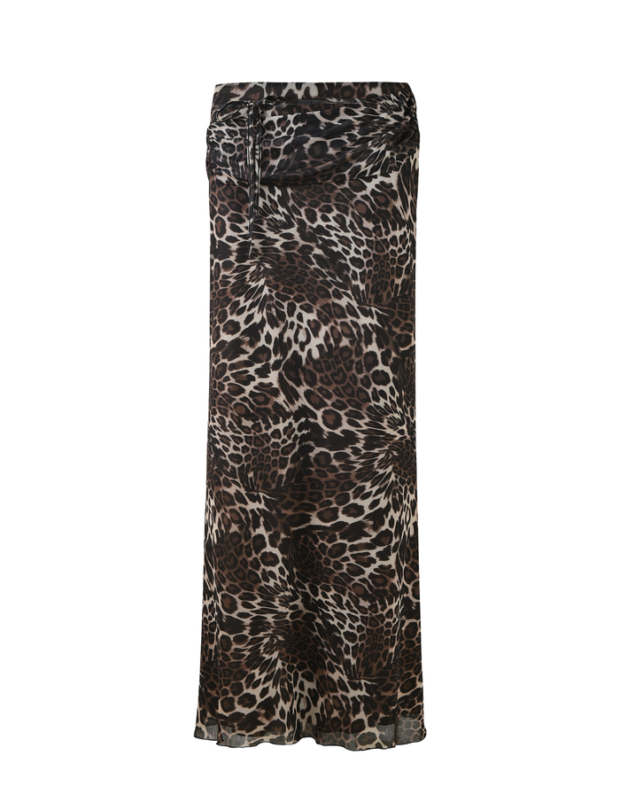 The PEARL MAXI SKIRT - MULTI : LEOPARD by TIGERMIST features a high waist, maxi silhouette, and lightweight, semi-sheer fabric with a brown and black leopard print.