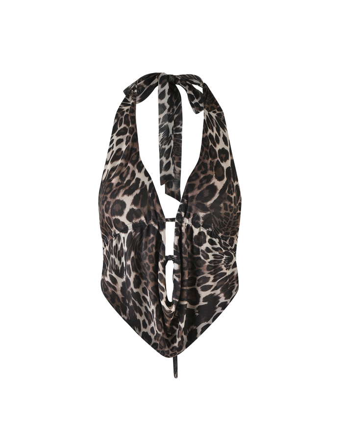 The PEARL TOP - MULTI : LEOPARD by TIGERMIST is a sleeveless, cropped halter top with a neck tie and front cut-out, featuring a trendy leopard print.
