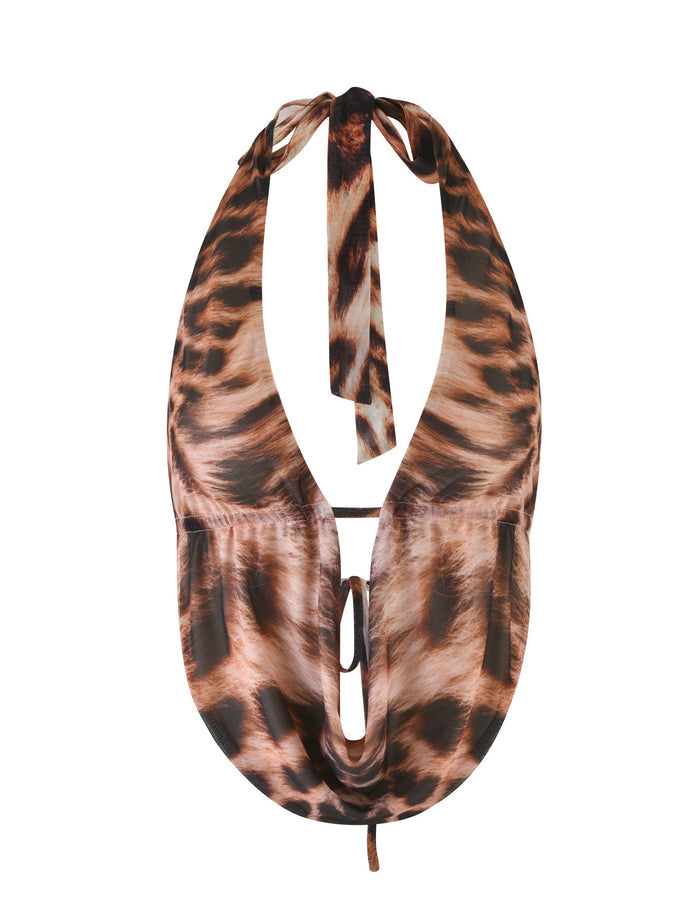 Introducing the PEARL TOP - NEUTRAL : LEOPARD : LEOPARD HAZE by TIGERMIST: This halter neckline bikini captivates with its stunning leopard print, featuring a tie closure at the neck and a sophisticated keyhole cut-out. The fabric beautifully echoes the luxurious tones of brown, black, and beige reminiscent of a leopard's fur.