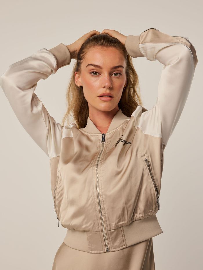 Sand Pegasus Bomber Jacket - Front View, Contrast Paneling & Script Logo | Greyson Clothiers
