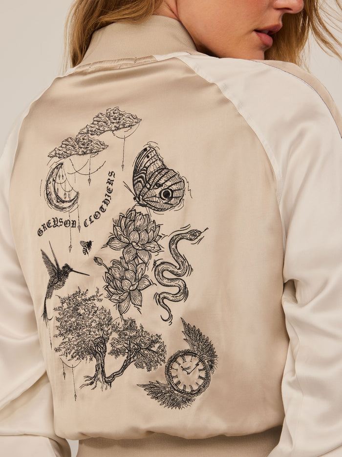 Sand Pegasus Bomber Jacket - Back Artwork Close-Up, Butterfly Lotus Snake Illustration | Greyson Clothiers