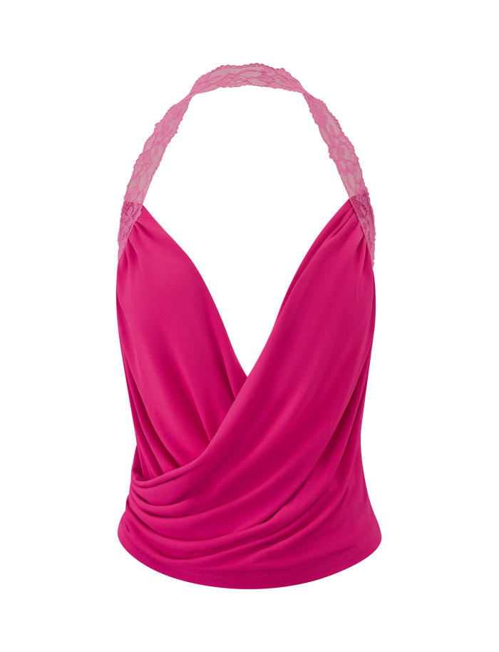 The PERSI TOP - MAGENTA by TIGERMIST features a bright magenta cowl neck, deep V-neckline, draped front, and stretch lace halter straps, shown against a white background.