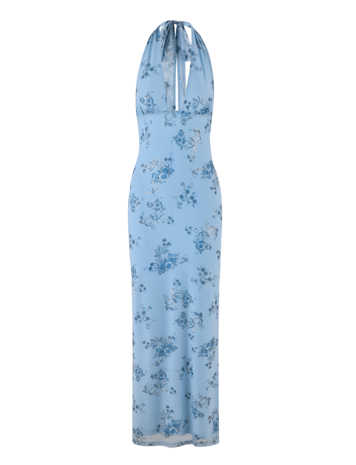 The TIGERMIST PHAEDRA MAXI DRESS features a light blue halter neck, straight silhouette, blue floral print, and subtle metallic foil details.