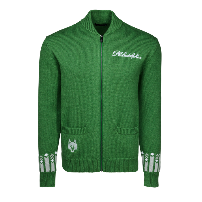 Kelly Green Philadelphia Eagles Shawl Cardigan - Flat Lay, Zip Front & Wolf Knit Detail | Greyson Clothiers