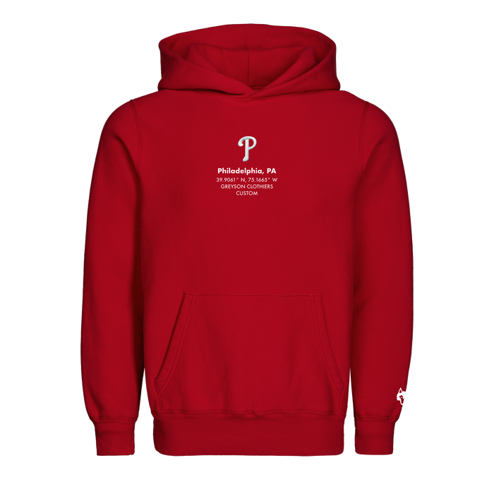 Red Cotton Philadelphia Phillies Hoodie - Front View with Wolf Logo | Greyson Clothiers