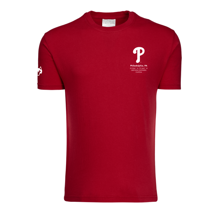 Red Cotton Philadelphia Phillies Crewneck Tee - Front View, Wolf Sleeve Graphic | Greyson Clothiers