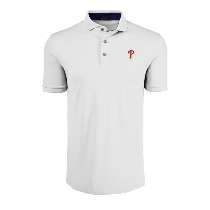 Arctic White Philadelphia Phillies Crowley Golf Polo - Front View, Red P Logo | Greyson Clothiers