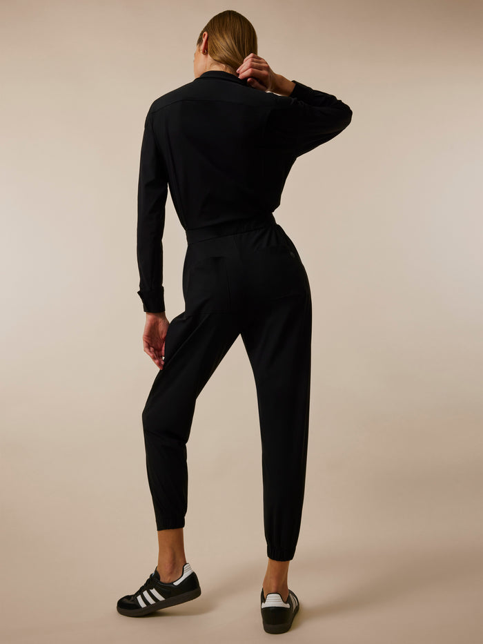 Greyson Clothiers Phoenix Jumpsuit in Shepherd - Back View, Zip Collar & Sport Waistband Detail