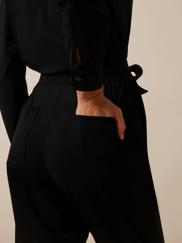 Greyson Clothiers Phoenix Jumpsuit in Shepherd - Hip Pocket & Tie Belt Close-Up Detail