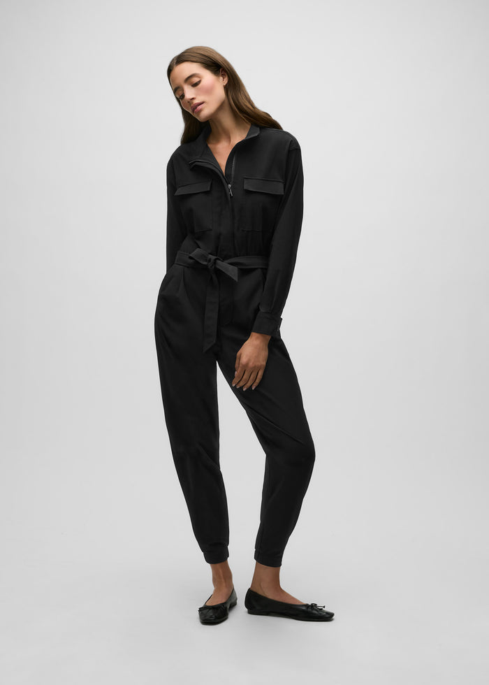 Black Lightweight Women's Luxury Jumpsuit - Front View, Zip Placket & Belted Waist | Greyson Clothiers