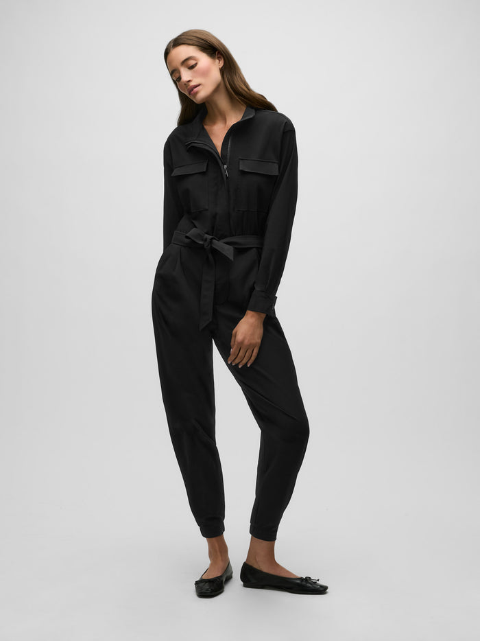 Black Italian Fabric Women's Jumpsuit - Three-Quarter View, Jogger Cuff & Utility Pockets | Greyson Clothiers