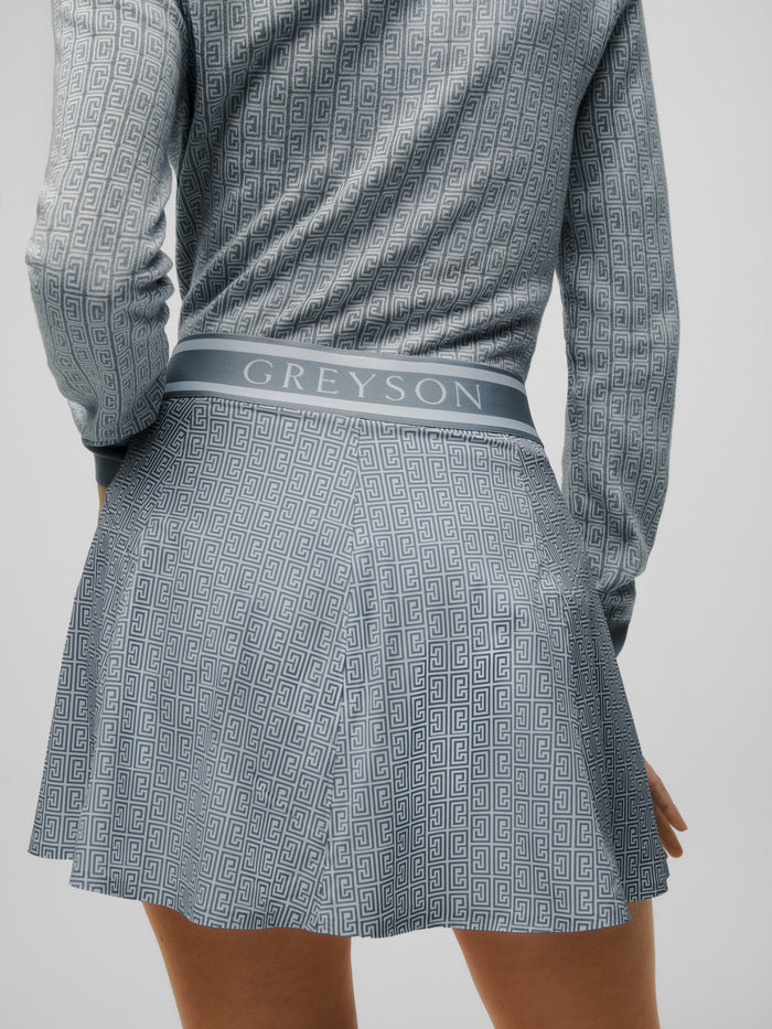 Bluestone Pathfinder Print Waistband Close-Up - Phoenix Flare Skirt, Women's Performance Golf Skort | Greyson Clothiers