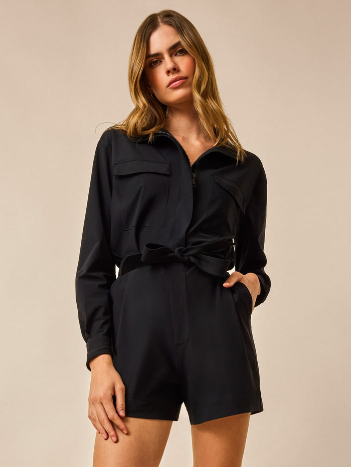 Shepherd Black Greyson Clothiers Phoenix Romper - Front Detail, Zip & Belted Waist | Women's Golf Romper