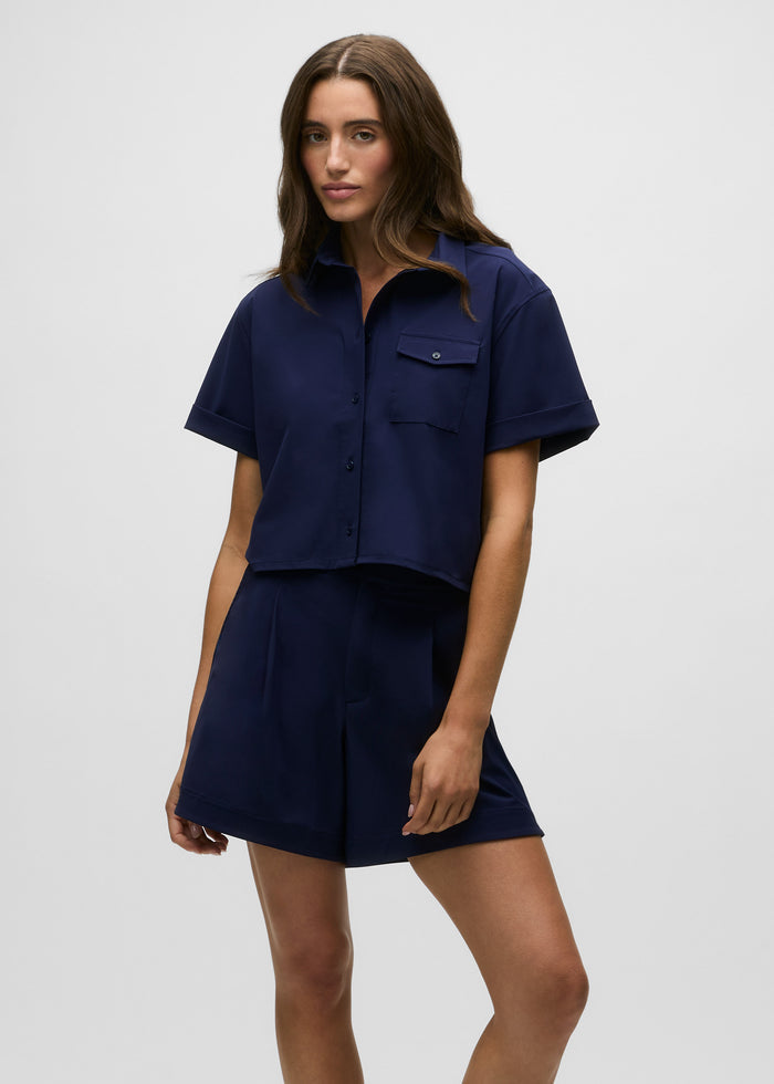 Wolf Blue Italian Fabric Cropped Button-Down Shirt Styled with Matching Shorts - Front View On Model | Greyson Clothiers